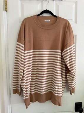 Chic Soul Tan & White Striped Crewneck Sweater with Elbow Patches - 3X